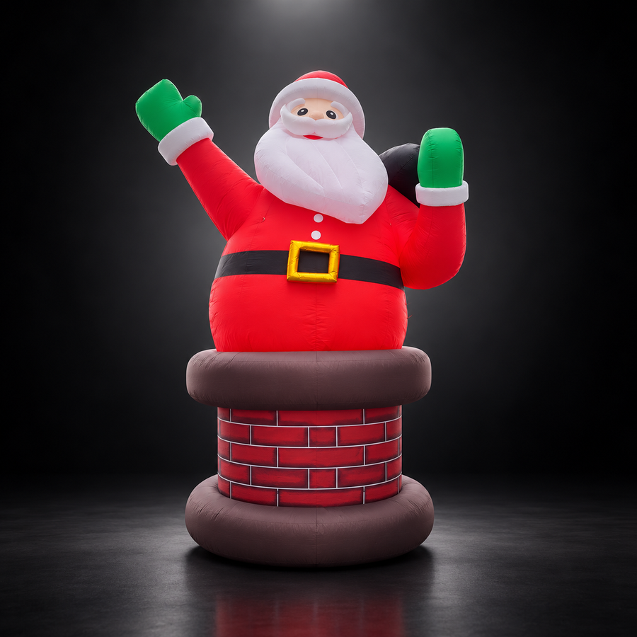 Père Noël gonflable sur cheminée